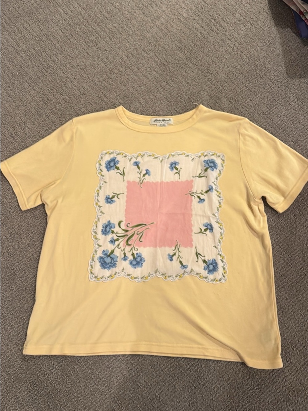 Upcycled Eddie bauer Tee with Pink & Blue Floral Handkerchief Detail